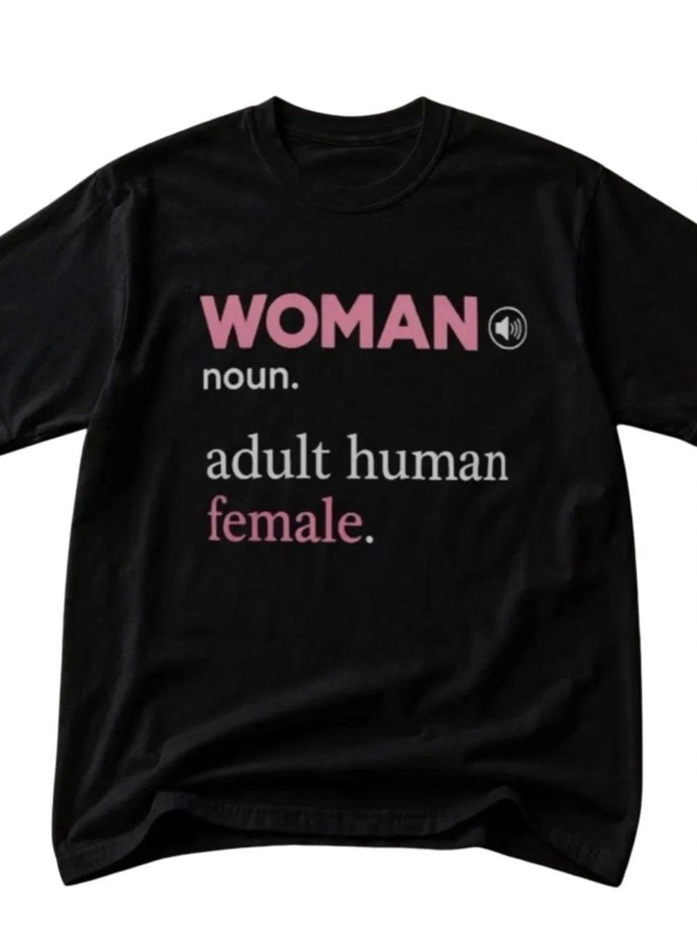 WOMAN Graphic Tee in Black with Pink & White Text